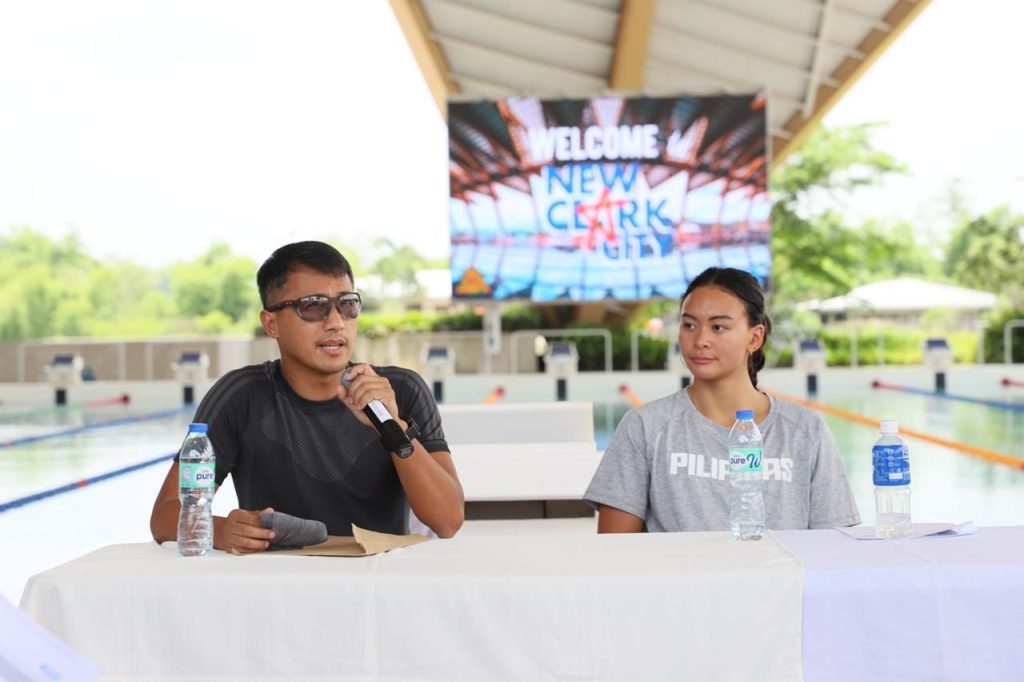 BCDA SVP Arrey A. Perez welcomes Ms. Sanchez, PSI President Lani Velasco and 30 young Filipino swimmers in New Clark City Aquatics Center